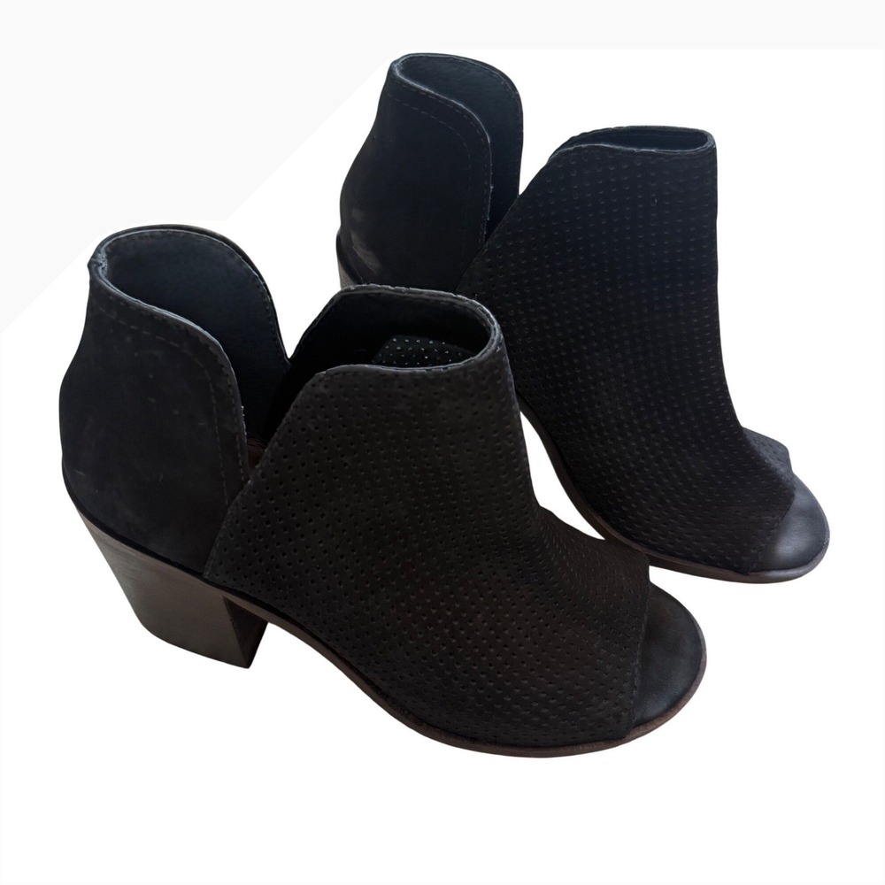 Black Perforated Leather Open Toe Ankle Booties Chunky‎ Stacked Block Heel Boots